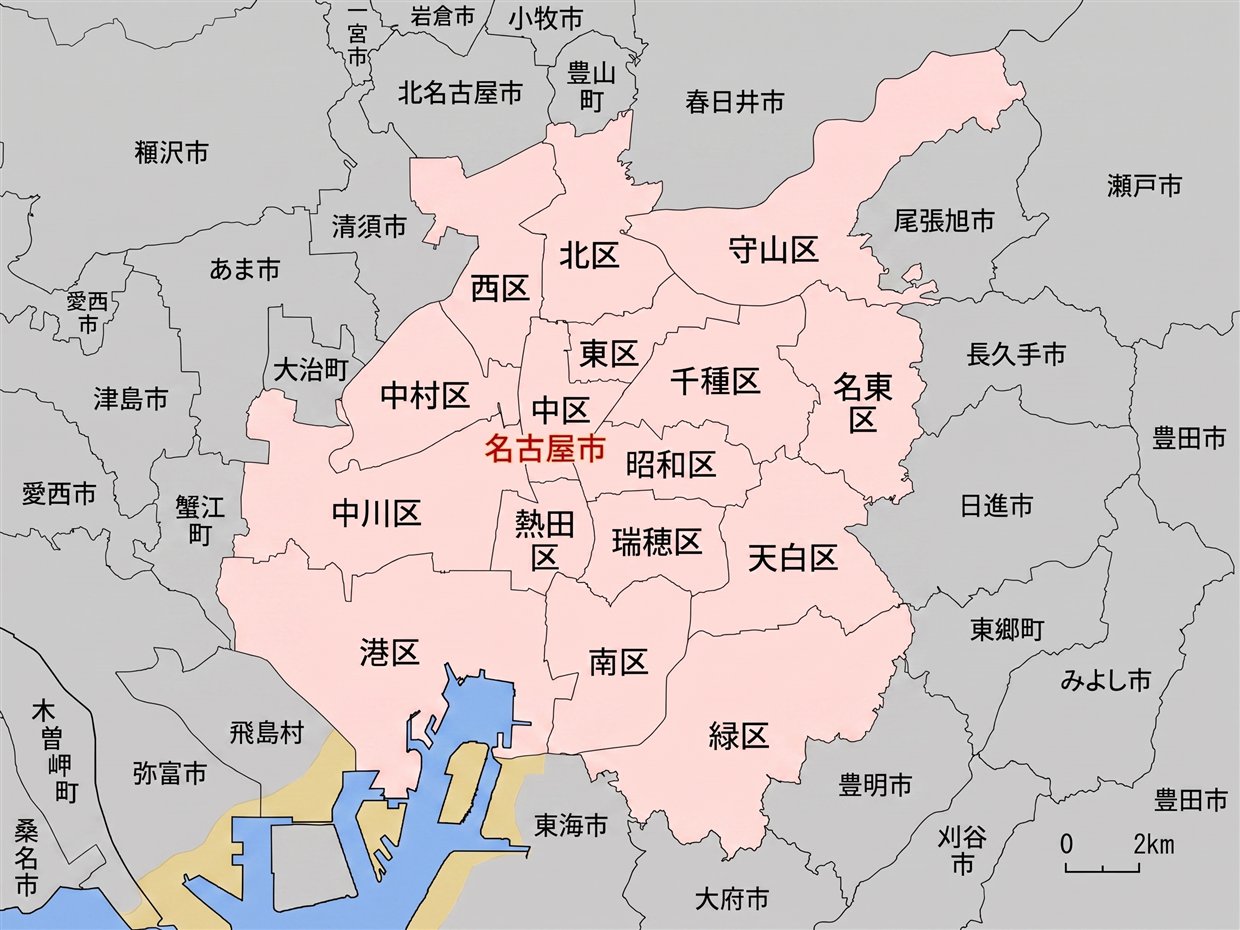 名古屋市の地図。訪問範囲の目安を円で示しています