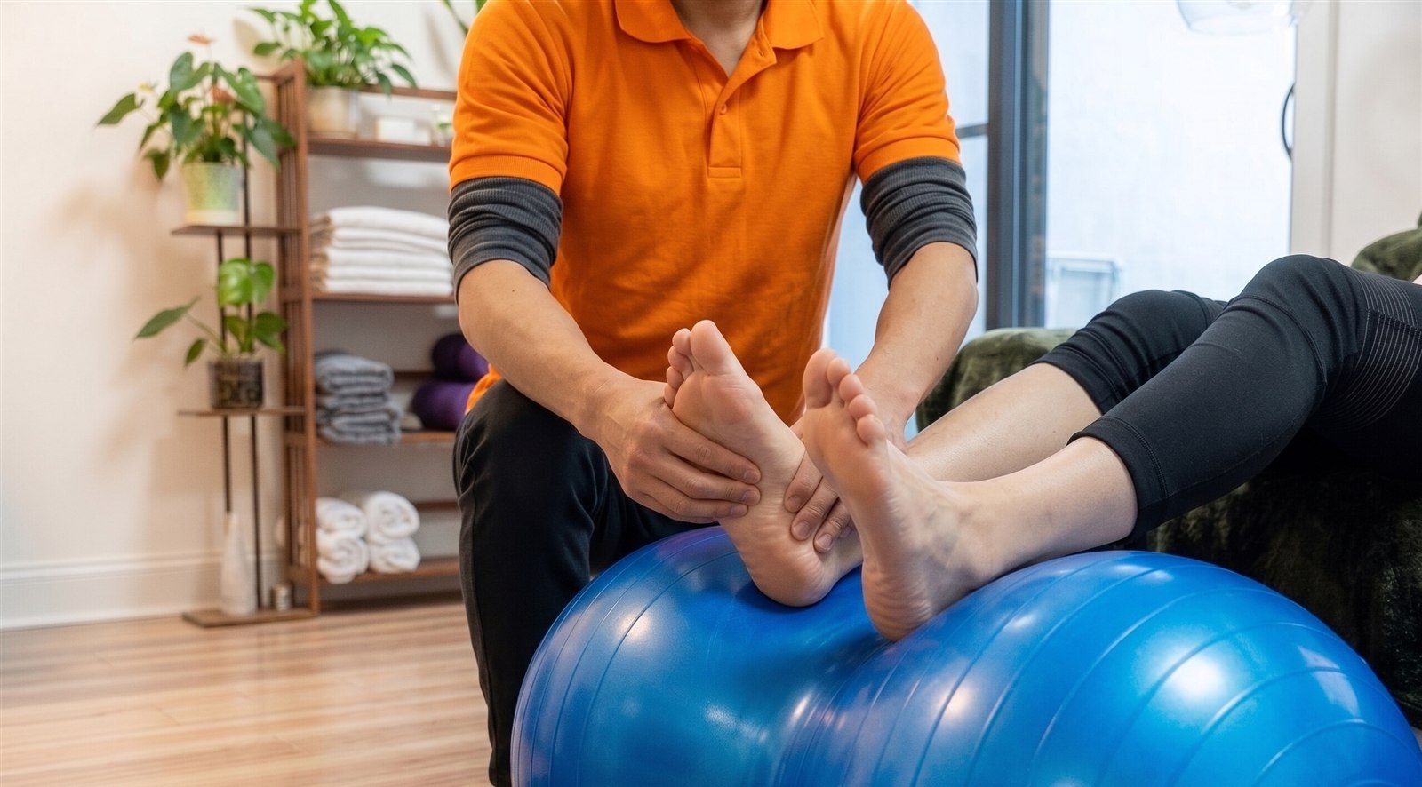バランスボールを使って下肢の運動を行う様子